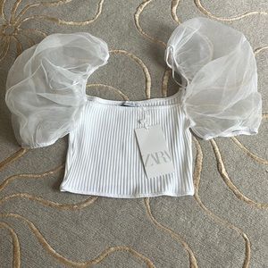 🆕 Zara | Ribbed Tulle Crop Top Small White Bridal NWT